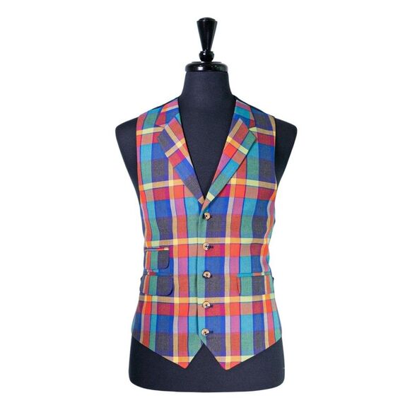 Mens Vest 42R Multicolor Plaid Wool Waistcoat Preppy Formal Casual Wedding Party - Picture 1 of 10
